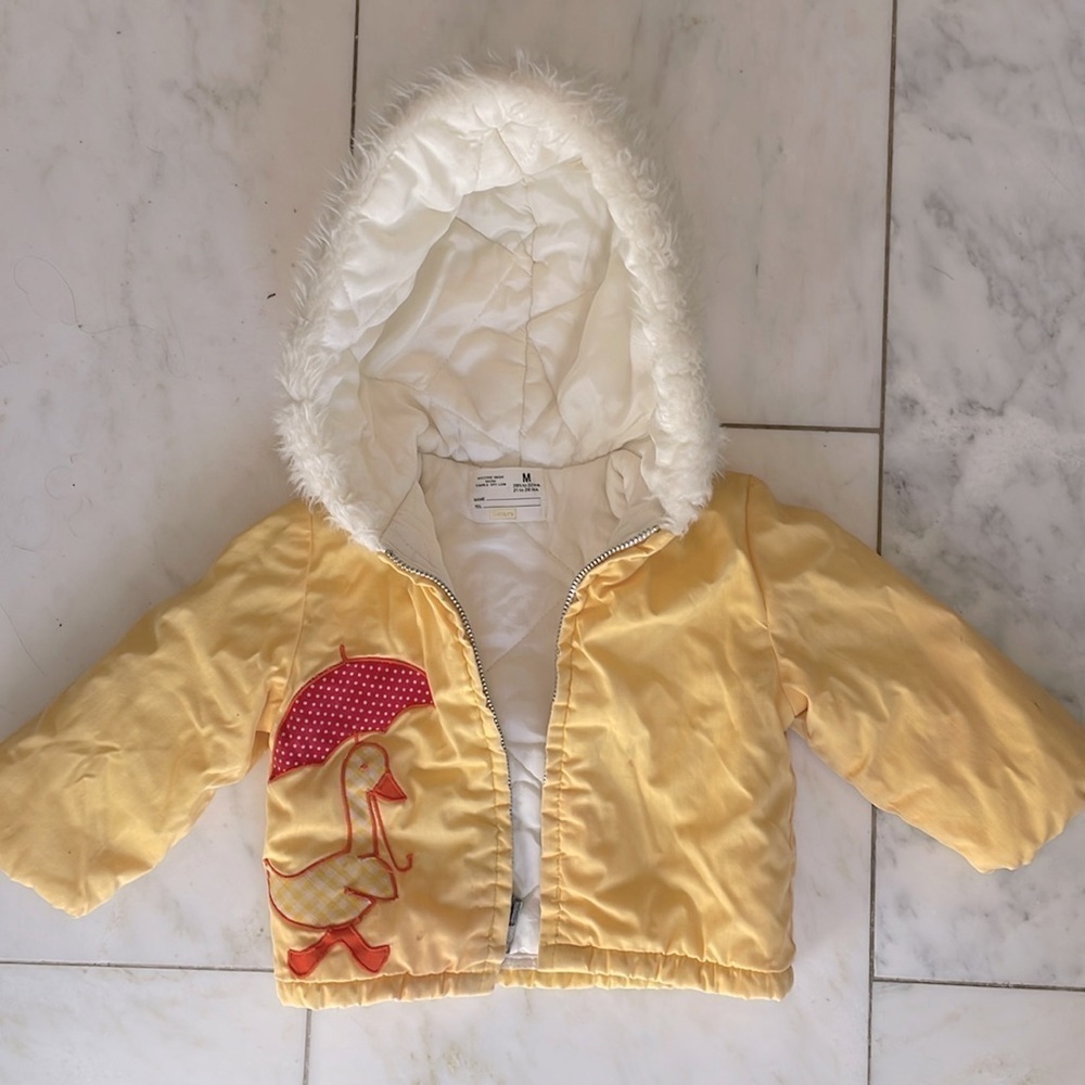 Vintage Sears baby jacket, yellow with duck and umbrella, hooded, size M, 12 mo?